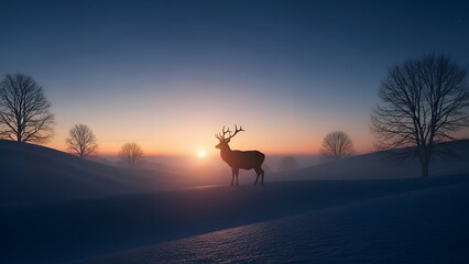 Silhouette of deer standing on snowy hill during winter solstice twilight, mystical mood