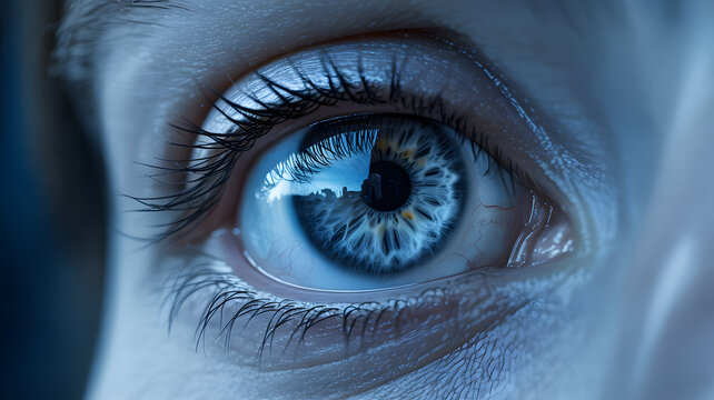Macro close-up photograph of human eye with vivid blue iris intricate radial patterns and black pupil vision concept detailed texture