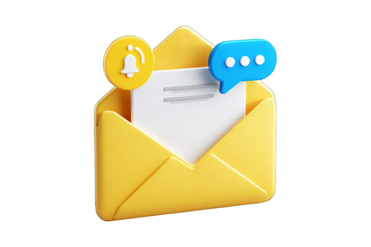 A 3D illustration depicts an open yellow envelope with a notification bell and a chat bubble symbolizing digital communication and message alerts.