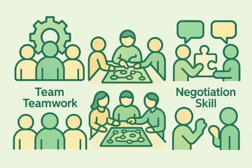 Collaborative Efforts in Teamwork and Negotiation Skills Illustrated through Engaging Visuals Representing Communication Strategies and Effective Problem Solving Techniques