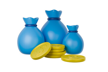 Three blue money bags and several gold coins are displayed together 