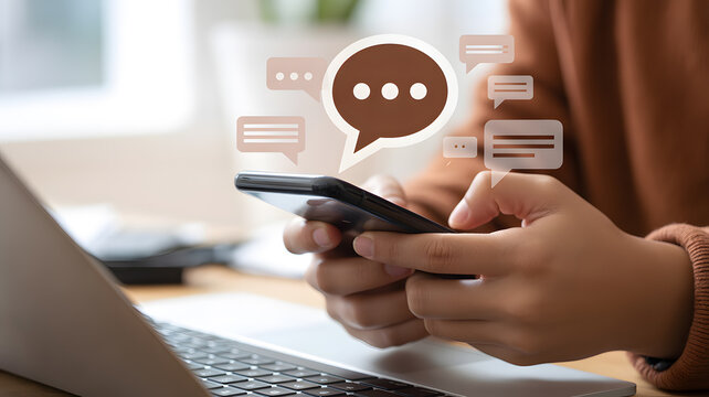Close-up photograph of hands holding black smartphone over laptop keyboard modern technology connectivity and communication concept