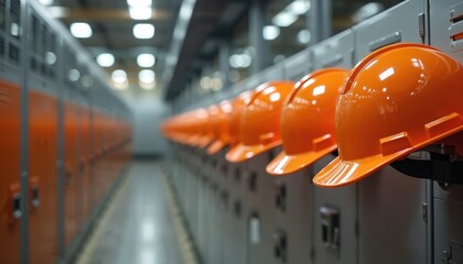Row of orange hardhats hang on lockers in factory. Industrial safety helmets secure for workers. Hard hats protect heads. Workplace prepares staff, maintain order at job facility and safety equipment.