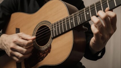 Musicians hands strumming the strings of a wooden acoustic guitar.
