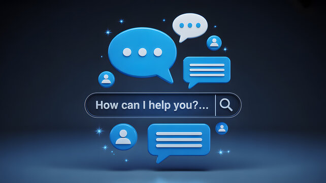 Digital illustration of chat interface design against dark blue-black background communication and messaging technology concept