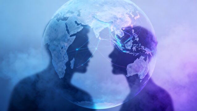 Generative AI human connection across the globe with light networks.