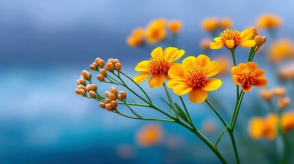 Close-up of vibrant yellow flowers with orange centers and green stems, set against a soft, blurred blue background. The image captures the beauty of nature and