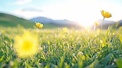 Close-up of yellow flowers in a field of green grass with mountains in the background, illuminated by the sun setting in the sky.