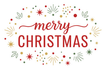 Merry Christmas greeting card design, red and green festive typography with stars, leaves, and burst decorations on white