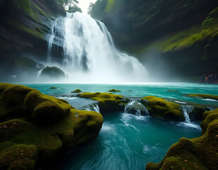 Turquoise Pool Beneath a Waterfall in a Lush Grotto