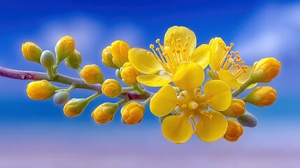 A close-up shot of a branch with blooming yellow flowers and buds against a soft blue sky.