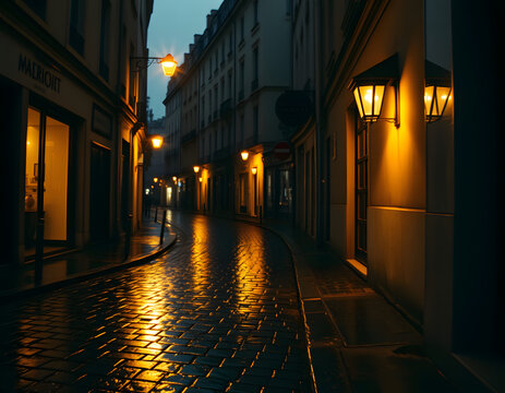 Narrow Parisian Street at Night After Rain