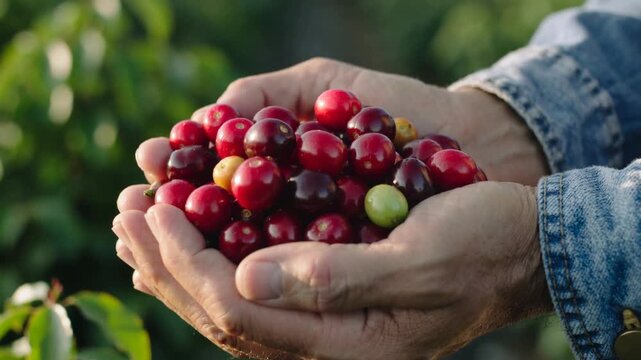 A person is holding a handful of ripe, red coffee cherries. The cherries are the primary focus of the image, with the person's hands and denim jacket in the background.