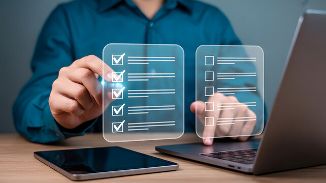 Digital illustration of person’s hands interacting with laptop and floating holographic checklists productivity task management and technology concept