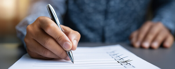 Businessman use pen to tick correct sign mark in checkbox for quality document control checklist and business approve project concept