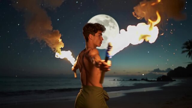 A shirtless man stands on a beach at night, holding two torches aloft.  A full moon and starry sky are visible in the background.