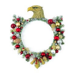 Stylish Christmas eagle-shaped circle decorated with colorful ornaments on white, leaving clean central space for text, cards, or holiday branding