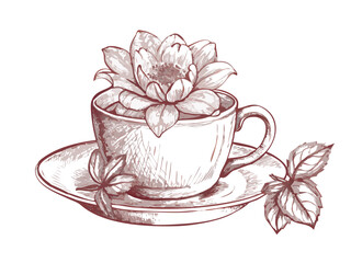 Hot beverage: vintage teacup of coffee and pink rose bouquet on the table for morning breakfast