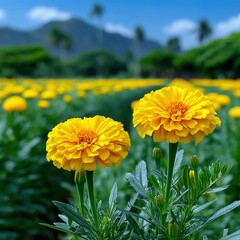 Close-up of two vibrant yellow marigold flowers in a field, with a blurred background of more flowers, green foliage, and mountains under a blue sky.