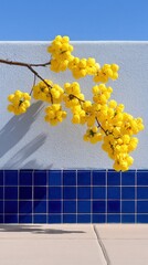 A branch of yellow mimosa flowers against a blue wall and tiled surface, under a clear blue sky, casting shadows.