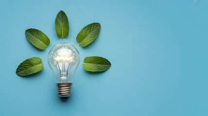 Minimalist composition on light blue background with glowing light bulb symbolizing creativity innovation idea and inspiration concept