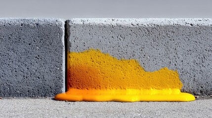 Close-up of yellow paint dripping down a concrete curb on a sunny day. Abstract and artistic composition.