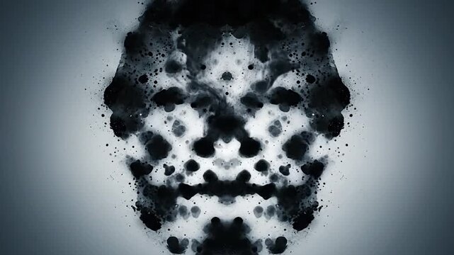 Monochrome symmetrical black ink blot on gradient grey background, fluid texture and splatters