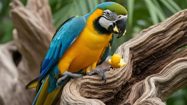 Vibrant Macaw Enjoying a Snack: A Colorful Glimpse into Tropical Bird Behavior in the Wild