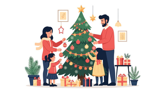 Family Decorating Christmas Tree Together During Holiday Season.
