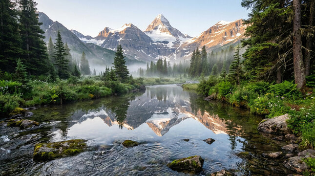 Majestic Mount Assiniboine Reflection in Pristine Subalpine Stream.