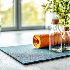 A rolled-up yoga mat and two glass water bottles sit on a blue mat on a wooden floor, near a window with natural light.