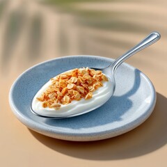 A spoon filled with yogurt and granola sits on a small plate. The image is a studio shot with soft lighting.