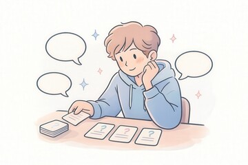 Young man deep in thought engaged in card game pondering options with blank placeholders illustrating decision making and creativity captured with clarity