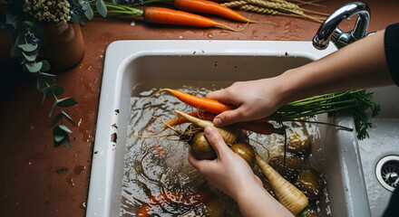 Hands washing fresh organic root vegetables like carrots and parsnips in a kitchen sink under running water.