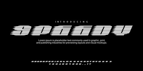 Speedy font. Car Racing Font Alphabet Vector for High Speed ​​Motorsport Design with striped motif of speed symbols. © Ook
