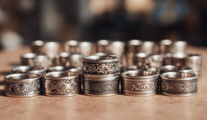 Many engraved silver rings,  a few in focus