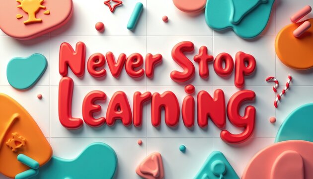 Bright illustration with message Never Stop Learning. Bold red 3D lettering. Colorful decorative shapes around text on white tiled background. Inspiring concept about education personal development,