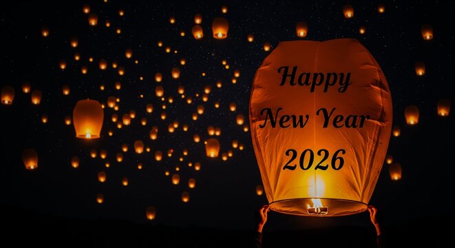 Happy new year celebration with sky lanterns wishing for a prosperous new year in the year of twenty twenty six