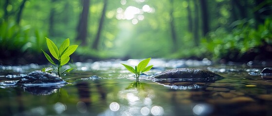 Two small plants growing in a stream in a lush green forest, with sunlight filtering through the trees. The water reflects the surrounding environment.