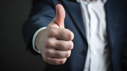 Close-up photograph of hand giving thumbs up wearing dark blue business suit sleeve symbol of approval success and professionalism