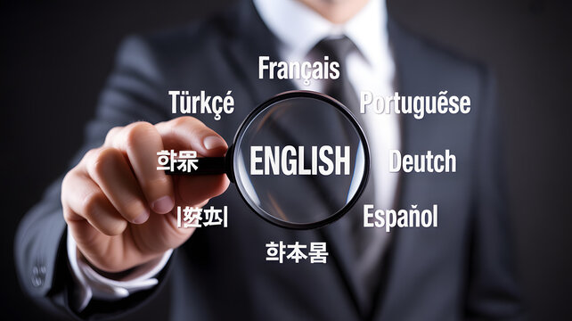 Professional marketing image showing hand holding magnifying glass with English and multiple languages concept of translation globalization and search - Powered by Adobe