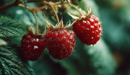 Fresh red raspberries hanging on green leaves, glistening with dew droplets, showcasing vibrant colors and natural beauty in a lush garden setting