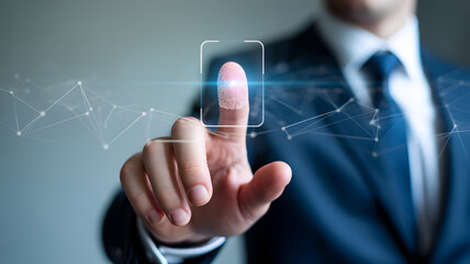 Close-up photograph of hand touching digital fingerprint scanner interface concept of biometric identification security and access control