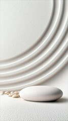 A minimalist composition featuring a large oval stone, small pebbles, and a textured, curved background, evoking a sense of calm and tranquility.