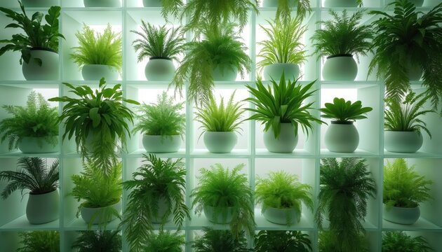 Various green plants in white frosted glass cubes create modern minimal interior design. Foliage thrives indoors, bringing natural life, calm. Geometric shelves hold botanical elements for peaceful