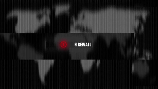 World map with binary code and a central glowing button labeled FIREWAL global digital