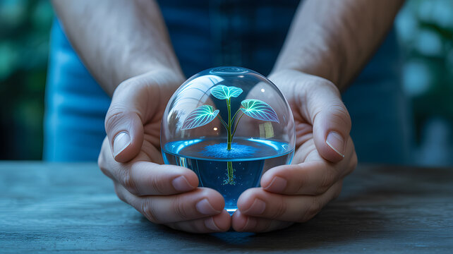 Close-up of hands cupping floating digital plant inside glass orb concept of sustainability innovation and eco-friendly technology - Powered by Adobe