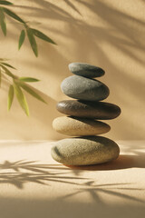 Stacked Zen Stones with Bamboo Leaves on Warm Beige Background