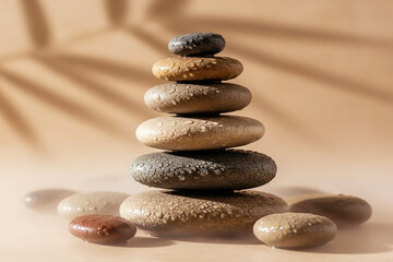 Stacked Zen Stones with Bamboo Leaves on Warm Beige Background