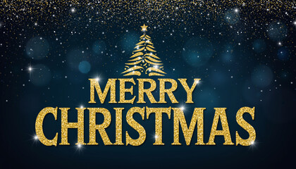 Golden glitter Merry Christmas text with tree symbol over dark sky. Holiday greeting sign for celebration and decoration.